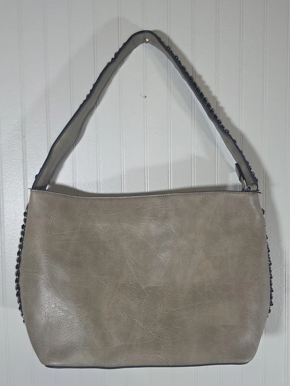 Neutral Taupe Shoulder Bag with Chain-Trim Strap